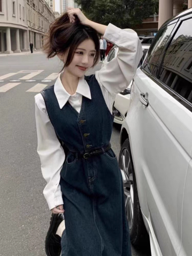 Suspender dress suit denim vest skirt women's autumn fragrance white shirt casual two-piece top