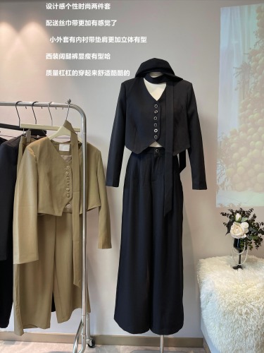 Actual shot of 2024 autumn and winter new design and high-end shoulder padded jacket + wide-leg pants suit suit