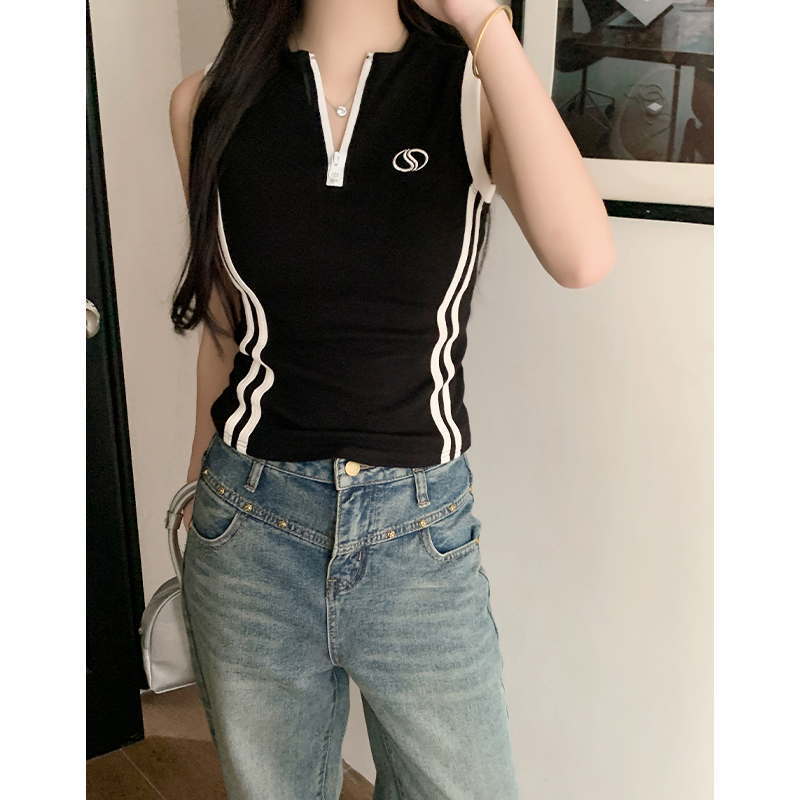 Real shot of hot girls half-zip contrasting vest women's new summer outer wear slimming sports style top