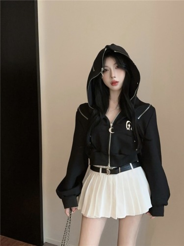 Actual shot ~ cool outfit, black style hottie hooded sweatshirt, autumn new moon zipper off-shoulder top