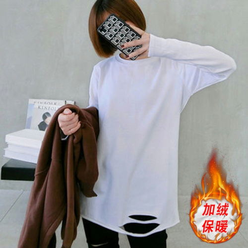 Plus velvet super popular autumn and winter new Korean style long-sleeved T-shirt with holes in the hem for women white inner bottoming shirt student top