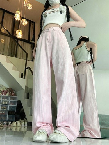 Actual shot ~ pink jeans women's niche straight pants design high waist wide leg floor mopping trousers