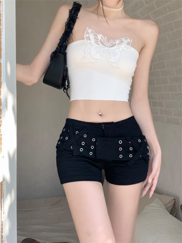 Real shot of eyelet wide belt, low waist, elastic butt-covering hot girl’s new denim shorts for women