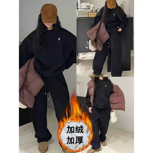 韩版宽松显瘦运动服套装女春秋冬加绒圆领卫衣卫裤休闲两件套