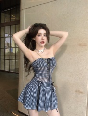 Real shot~Hong Kong style hottie's bandeau-wrapped breast-wrapped striped fashionable waist-slimming dress for women