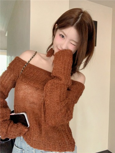 Real shot of autumn new hollow pullover sweater retro long-sleeved niche lazy style one-shoulder sweater for women