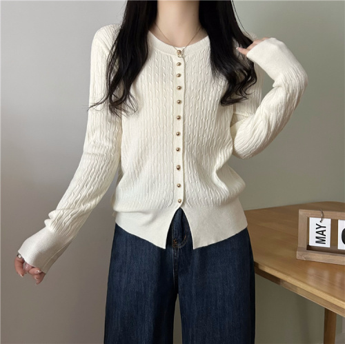 Actual shot~Early autumn simple twist round neck loose knitted cardigan sweater for women