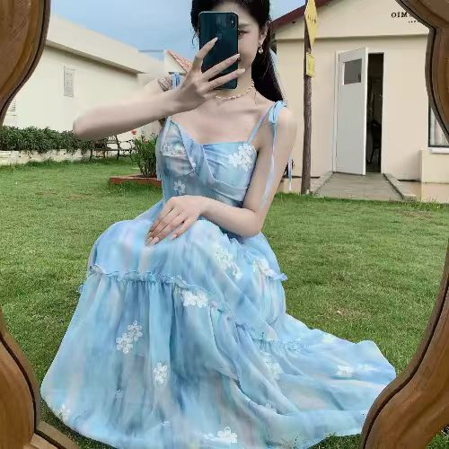 Official Photo Summer 2024 New Blue Slimming Waist Strap Fairy Skirt