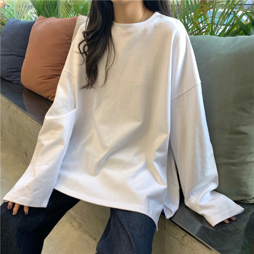 Super hot thin slit solid color long-sleeved T-shirt women's fashion bottoming shirt Korean style trendy student outer wear loose top