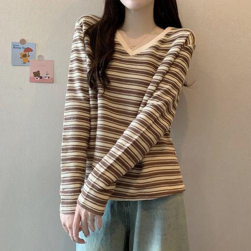 Real shot 300g striped bottoming shirt for women spring and autumn trendy thin short style trendy 2024 Korean version V-neck top long-sleeved T-shirt