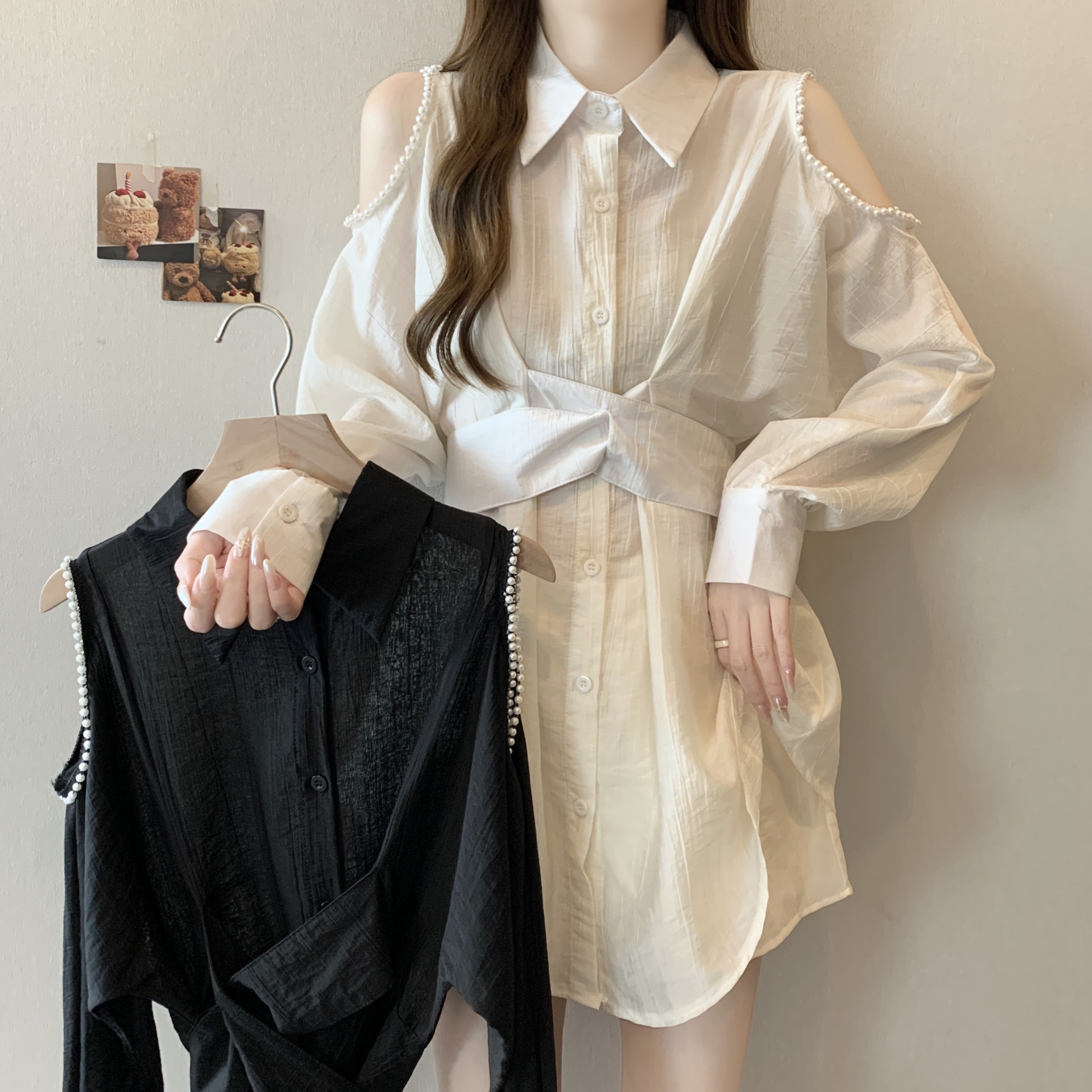 Live-action plus-size women's summer new fashion waist-cinch slimming off-shoulder sun protection shirt dress short pants two-piece set