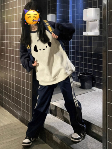 Imitation cotton Chinese cotton composite milk silk 300g silver fox velvet 400g raglan splicing round neck printed sweatshirt