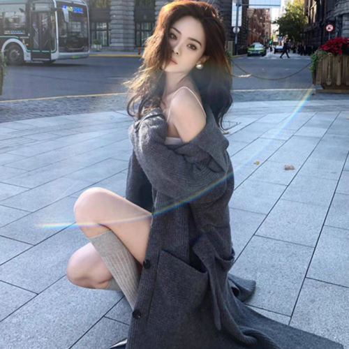 Korean style gray lazy temperament long knitted sweater coat autumn and winter new loose versatile medium-length coat
