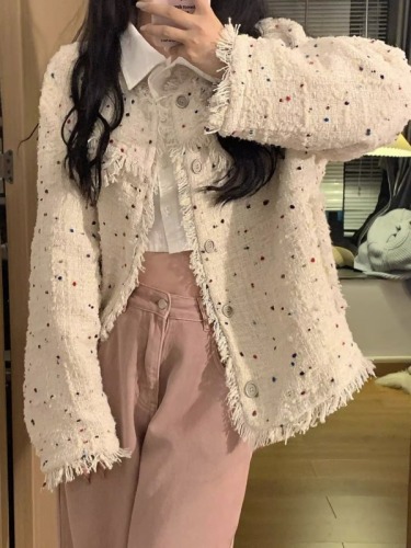 Korean style small fragrance polka dot jacket for women spring and autumn new high-end niche design retro cardigan jacket top