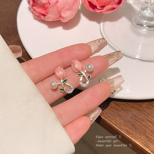 S925 Silver Needle Small Fresh Tulip Earrings Women's Earrings Women's Ins Trendy Versatile Temperament High-Quality Pearl Earrings