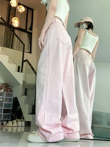 Actual shot ~ pink jeans women's niche straight pants design high waist wide leg floor mopping trousers