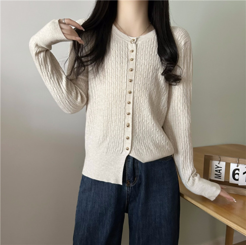 Actual shot~Early autumn simple twist round neck loose knitted cardigan sweater for women