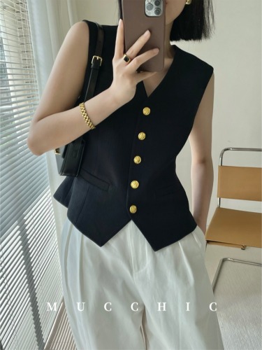 MUCCHIC/French retro gold buckle/black acetate texture sleeveless inner and outer suit vest top