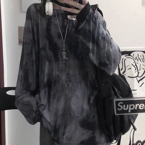 Thin tie-dye mesh ice silk sunscreen blouse for women in summer loose suspender tops with air-conditioning shirts long-sleeved T-shirt tops