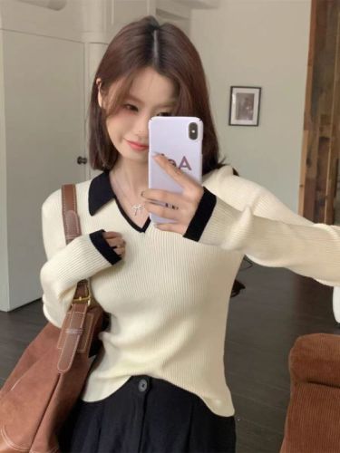 Spring 2024 new style French style chic Polo collar sweater high-end knitted bottoming shirt women's top