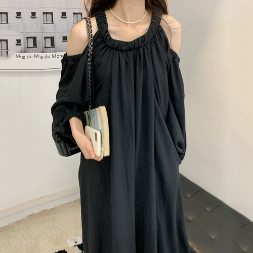 Extra large size 300 pounds Korean chic lazy style round neck leaky shoulders fat mm loose pleated lantern sleeve dress 240