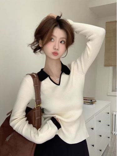 Spring 2024 new style French style chic Polo collar sweater high-end knitted bottoming shirt women's top