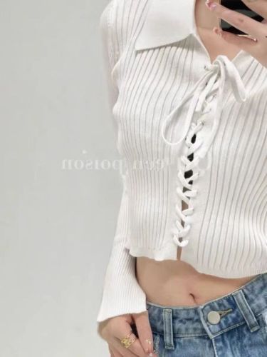 American hottie strappy lapel sweater for women autumn new slim fit short long-sleeved bottoming shirt trendy