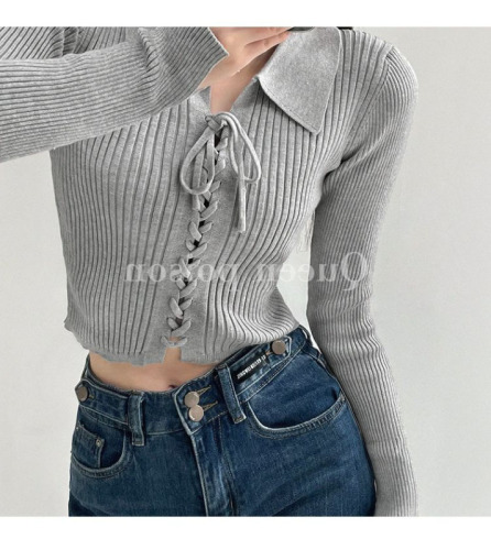 American hottie strappy lapel sweater for women autumn new slim fit short long-sleeved bottoming shirt trendy