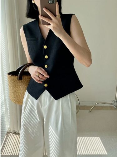 MUCCHIC/French retro gold buckle/black acetate texture sleeveless inner and outer suit vest top