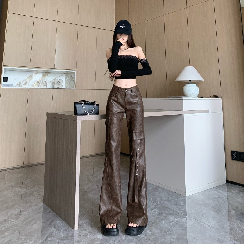 Women's American Workwear Style Leather Pants 2024 Autumn New Retro Street Style Pocket Ribbon Long Pants Ins Trend