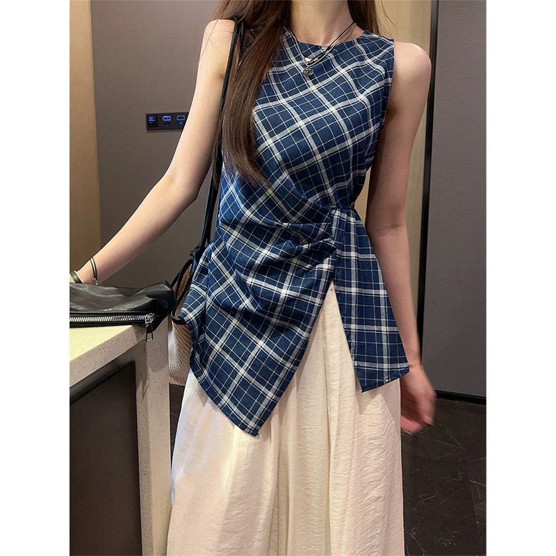 French plaid pinch waist sleeveless vest Korean style women's summer top