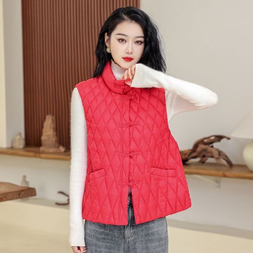 2024 Autumn and Winter New Literary Retro Disk Buckle Lightweight Down Jacket Vest for Women Small Pony