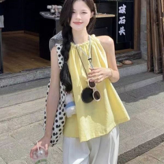 Official photo Korean style yellow halterneck sleeveless vest for women summer