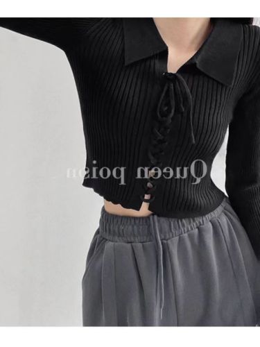 American hottie strappy lapel sweater for women autumn new slim fit short long-sleeved bottoming shirt trendy