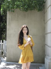 Actual shot of a high-end V-neck pleated long-sleeved dress with a slimming waist and a ruffled skirt.