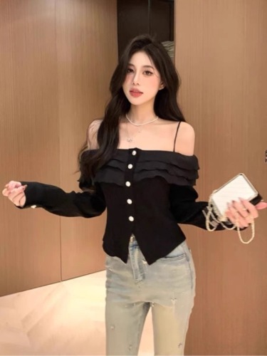 French sexy sweet girl one-shoulder strapless white chiffon shirt for women summer slimming top