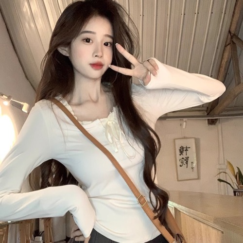 Real shot 2024 autumn new style hot girl button-up long-sleeved T-shirt women's bottoming 260g