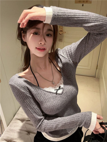 Actual shot ~ early autumn new fake two-piece lace splicing knitted T-shirt French style inner slim fit bottoming top