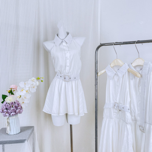 famouswang2024 spring new style first love temperament gentle style small white skirt shirt scooped shoulder dress