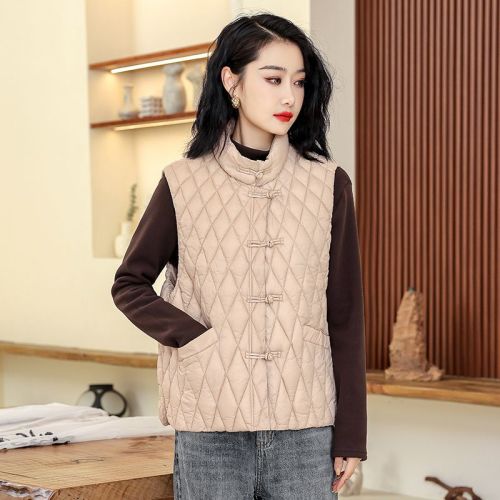 2024 Autumn and Winter New Literary Retro Disk Buckle Lightweight Down Jacket Vest for Women Small Pony