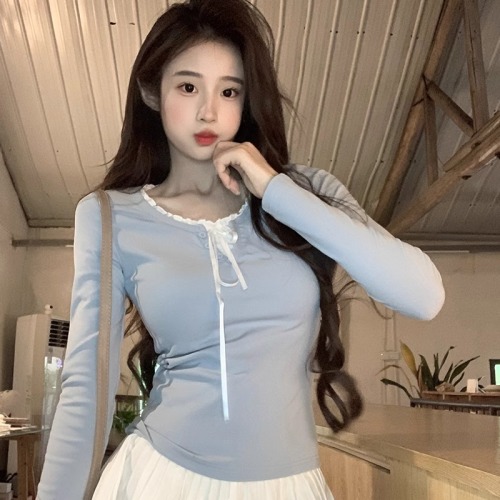 Real shot 2024 autumn new style hot girl button-up long-sleeved T-shirt women's bottoming 260g