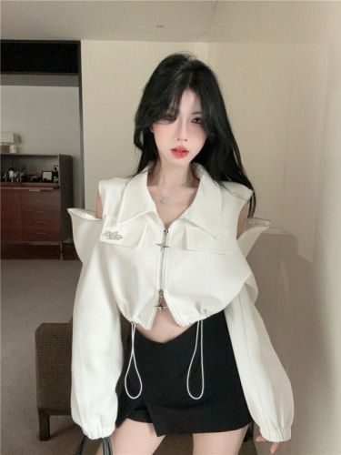 Real shot ~ hot girl fashion street unique off-shoulder five-pointed star zipper sweatshirt short coat drawstring jacket for women