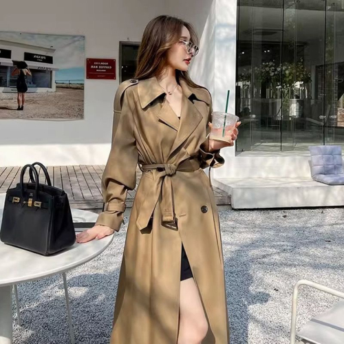 Black trench coat for women 2024 new autumn season British style mid-length over-the-knee Korean style slimming coat