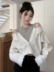 Real shot of early autumn hot girl style design short knitted vest spliced ​​mid-length shirt fake two-piece top