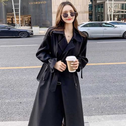 Black trench coat for women 2024 new autumn season British style mid-length over-the-knee Korean style slimming coat