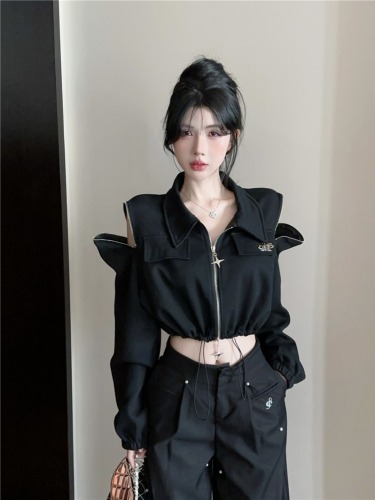 Real shot ~ hot girl fashion street unique off-shoulder five-pointed star zipper sweatshirt short coat drawstring jacket for women