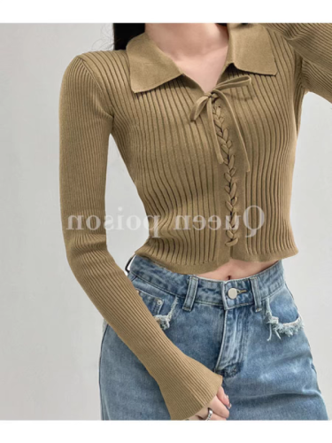 American hottie strappy lapel sweater for women autumn new slim fit short long-sleeved bottoming shirt trendy