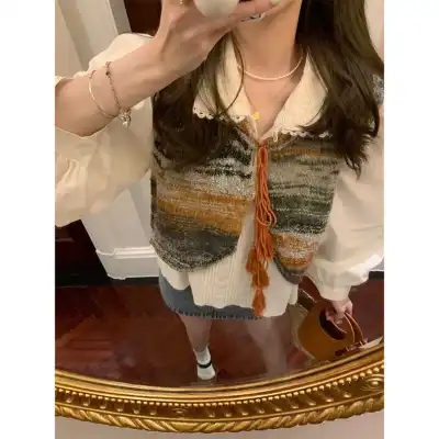 FF BLUE Covenant between Mountains and Seas Moon Clan girl ethnic style tassel striped gradient vest layered with early spring vest