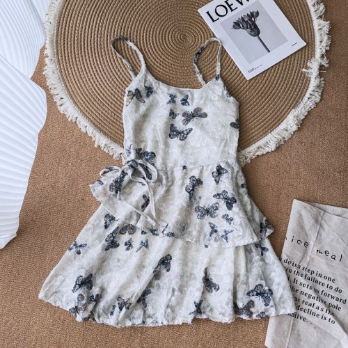 Suuuicee Konno Summer Irregular skirt waist butterfly print dress petite suspender skirt