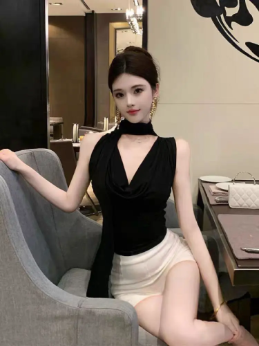 Temperament streamer sleeveless vest for women pleated waist hottie sexy swing collar top